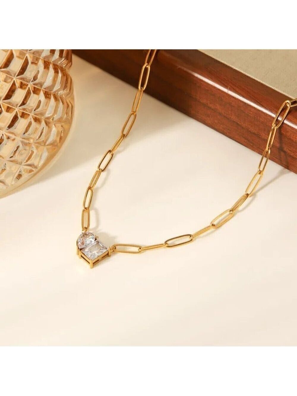 18K Gold Plated Paper Clip Geometric Necklace | Simulated Clear Stones